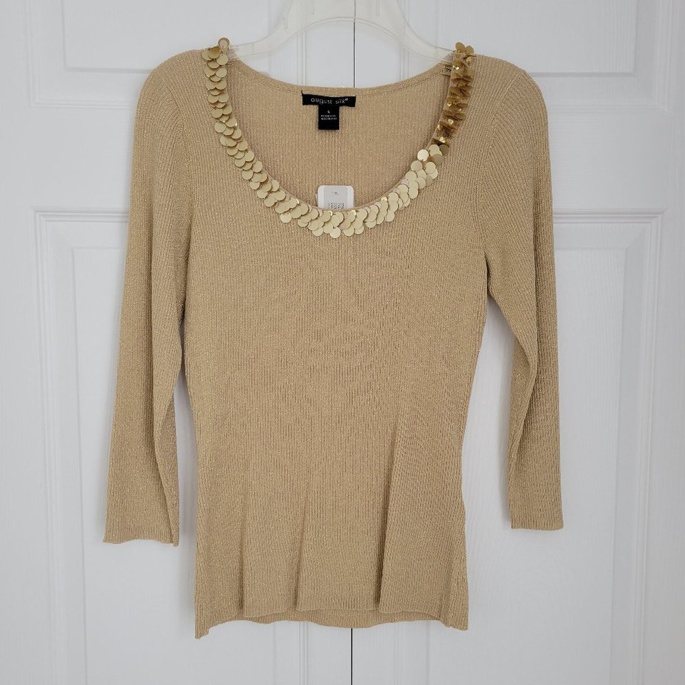Gold Shimmer Sweater with Sequined Neckline